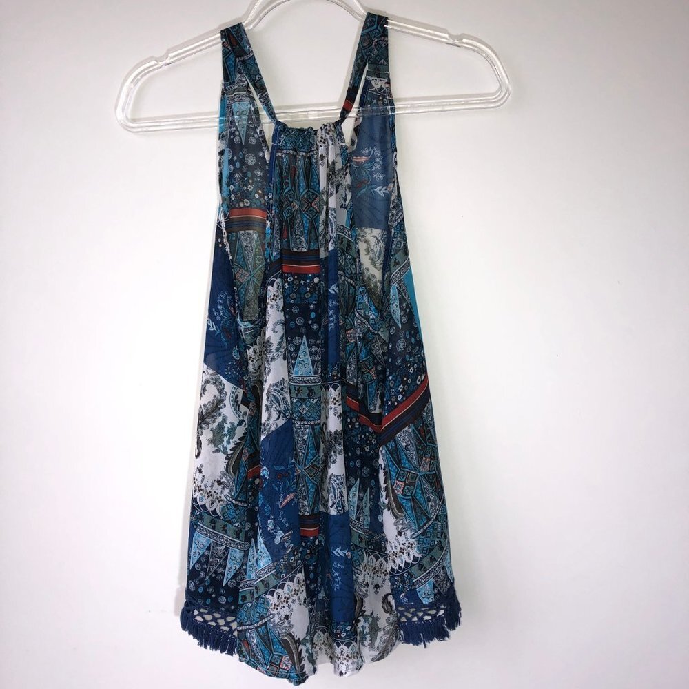 Umgee Boho Patchwork Print High Low Crochet Fringe Sleeveless Tank Blouse Small - Picture 11 of 13